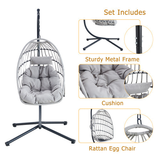 GRHeavy-Duty Iron Hanging Chair With Wicker Weave Single Person Swing For Indoor Outdoor Gray