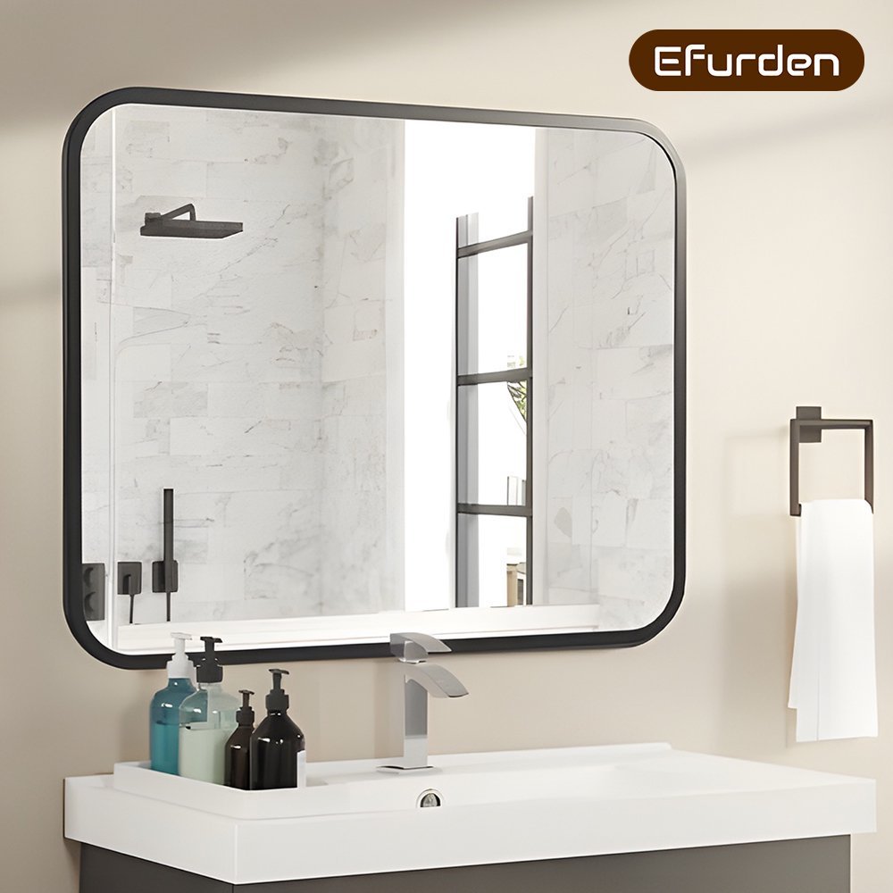 Black Bathroom Wall Mirror For Over Sink Rectangle Vanity Mirror With Round Corner For Bedroom Seamless Anti-Rust Polymer Coated Shatterproof Glass Horizontally Vertically