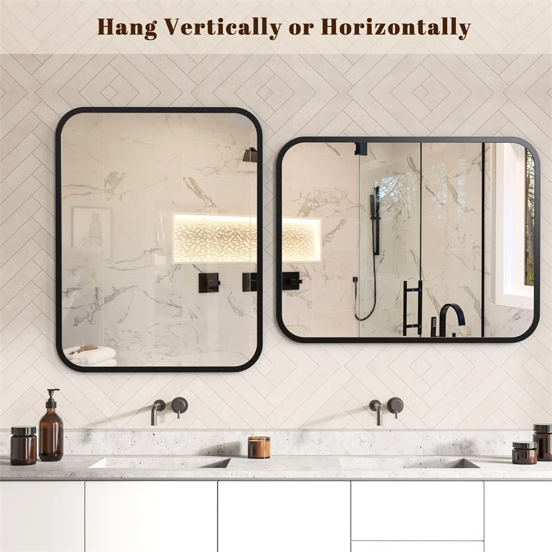 Black Bathroom Wall Mirror For Over Sink Rectangle Vanity Mirror With Round Corner For Bedroom Seamless Anti-Rust Polymer Coated Shatterproof Glass Horizontally Vertically