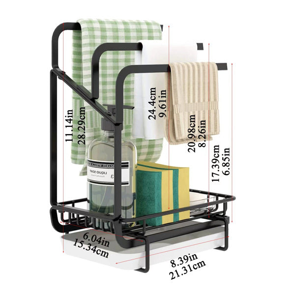 Keep your sink area tidy with this kitchen sponge rack and drain tray. Features metal shelf design for holding sponges, brushes, and soap in one convenient organizer