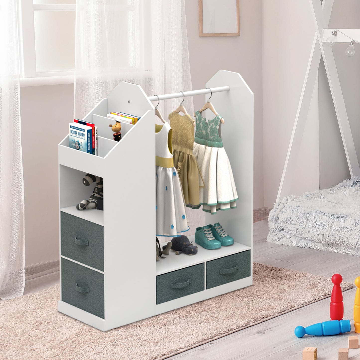 Keep your child's room neat and stylish with children's clothing storage racks and open hanging wardrobes. Features built-in mirrors and accessible design for kids.