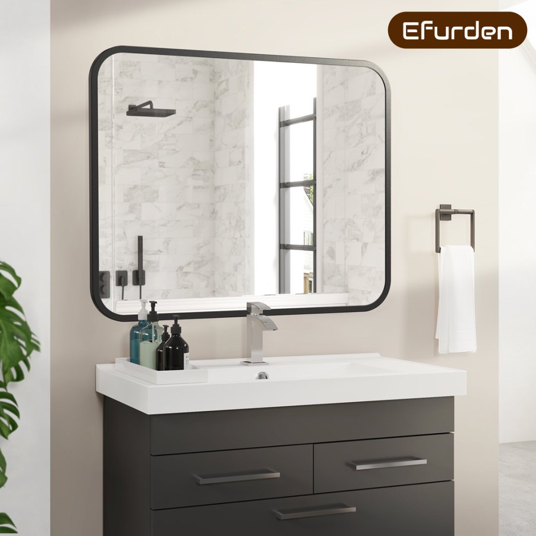 Black Bathroom Wall Mirror For Over Sink Rectangle Vanity Mirror With Round Corner For Bedroom Seamless Anti-Rust Polymer Coated Shatterproof Glass Horizontally Vertically