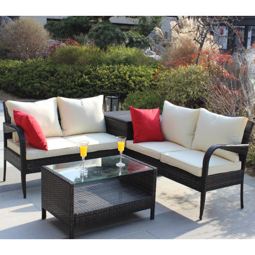 Upgrade your outdoor space with this 4-piece brown wicker rattan patio furniture set. Includes sectional sofa and storage box—perfect for garden, deck, or backyard lounging.