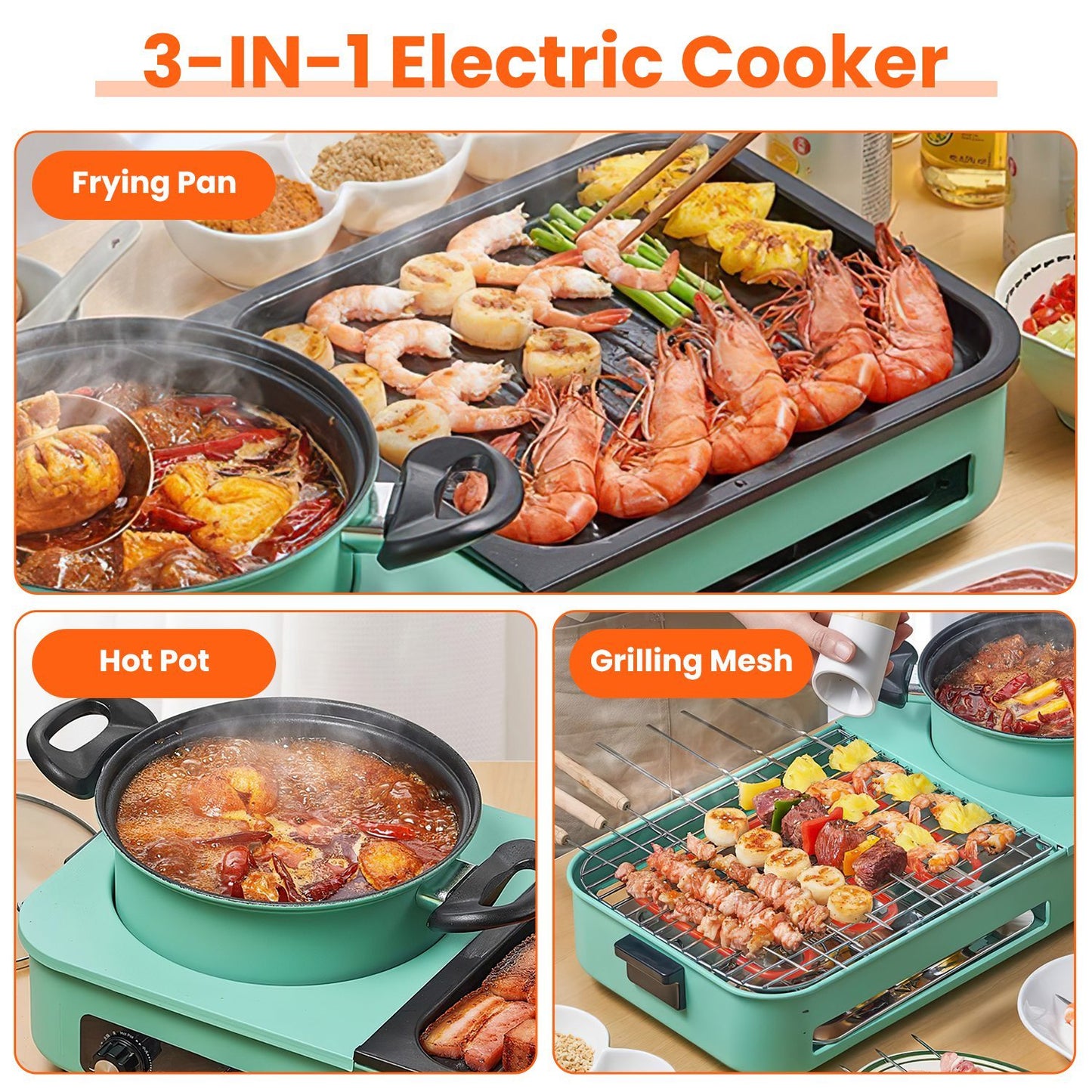 Enjoy Korean BBQ, shabu shabu, and hot pot all in one with this 3-in-1 electric grill. Features 1600W power, non-stick surface, and dual temperature control—perfect for 3–5 people.