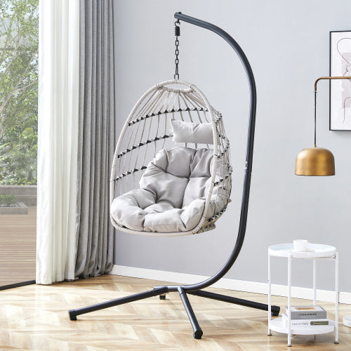GRHeavy-Duty Iron Hanging Chair With Wicker Weave Single Person Swing For Indoor Outdoor Gray