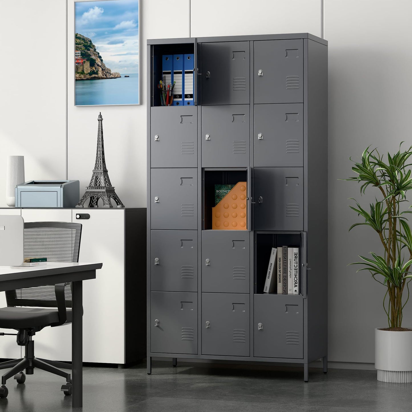 Durable 15-door metal lockers in dark gray—ideal for offices, schools, gyms, or home use. Secure, ventilated storage with modern design. Assembly required