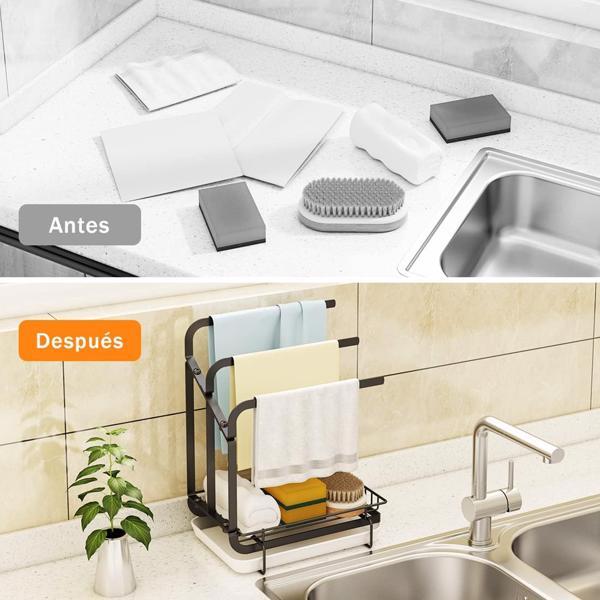 Keep your sink area tidy with this kitchen sponge rack and drain tray. Features metal shelf design for holding sponges, brushes, and soap in one convenient organizer
