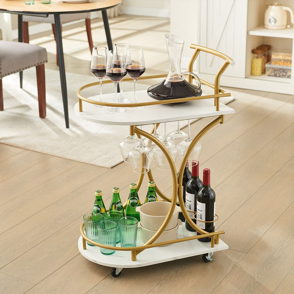 2-Tier Bar Cart,Gold Wine Cart With Wine Rack & Glass Holder,Mobile Bar Serving Cart,for Party,Home,Rolling Drink Trolley For Living Room
