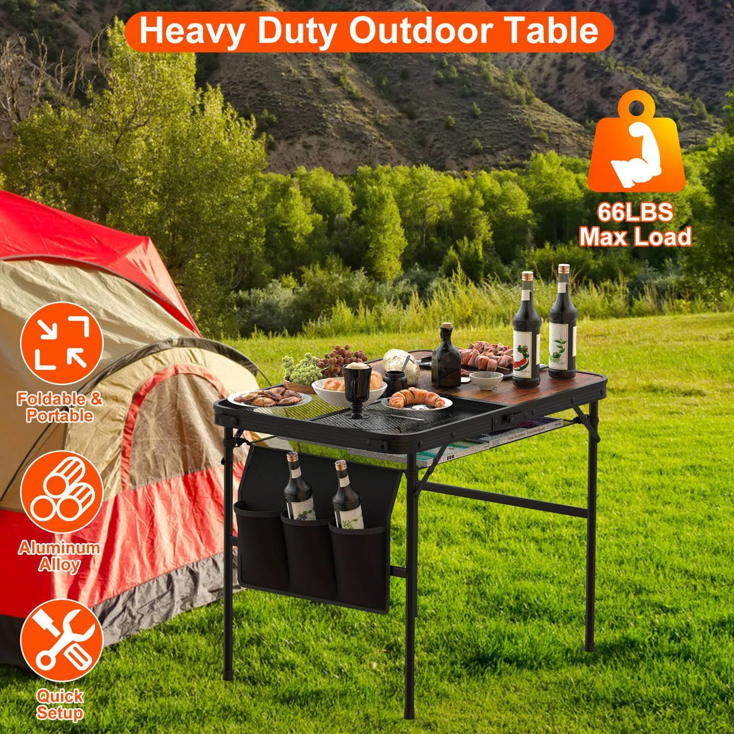 Foldable Camping Table Collapsible Picnic Aluminum Alloy Grill Stand 35.43x23.62x26in 66LBS Max Load Height Adjustable BBQ Table With Adjustable Height Storage Net