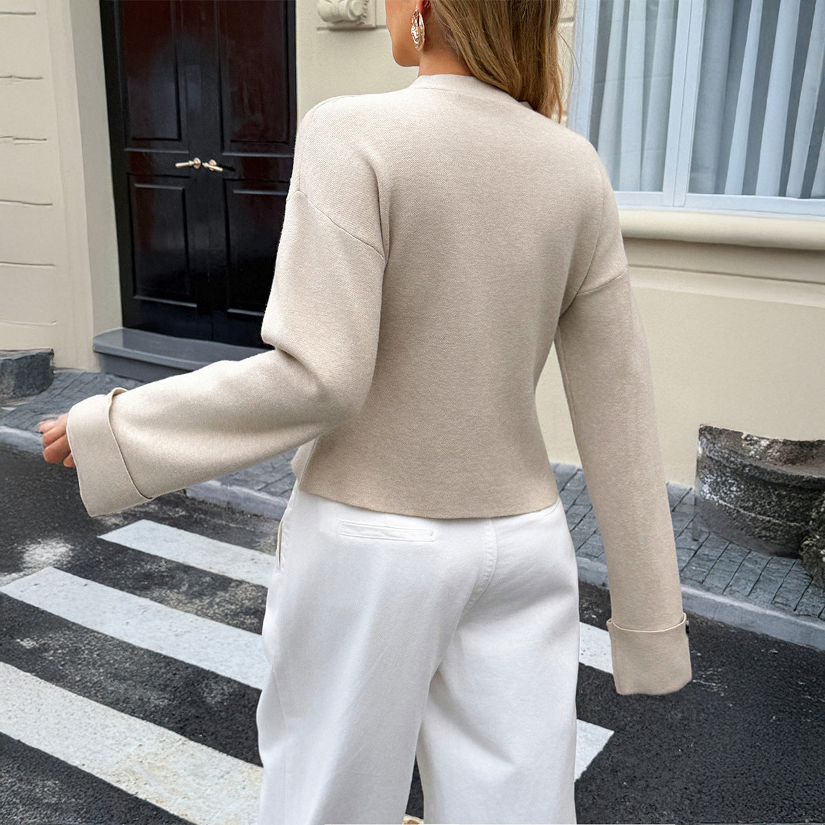 Womens Solid-Color Casual Resort V-Neck Cropped Jacket