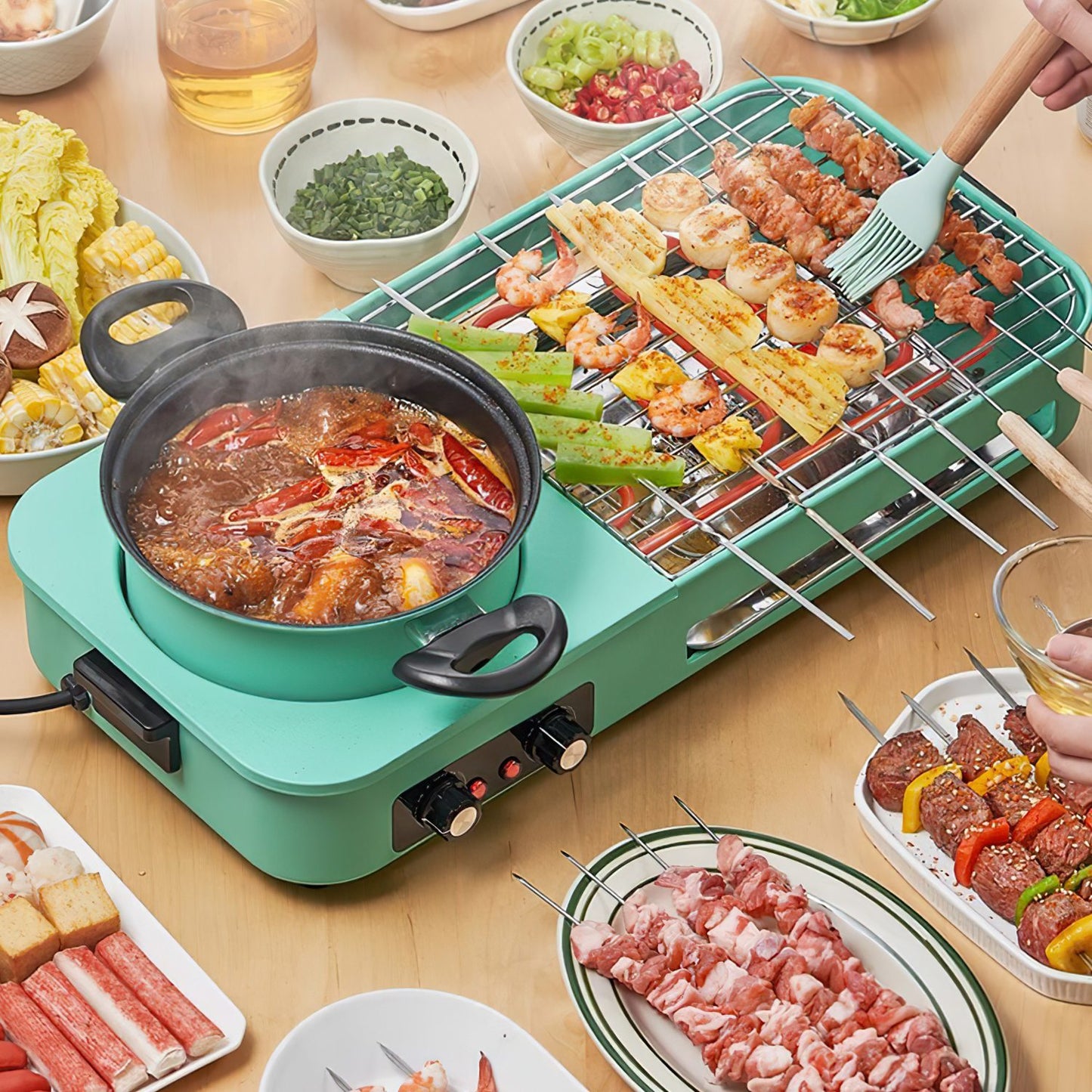 Enjoy Korean BBQ, shabu shabu, and hot pot all in one with this 3-in-1 electric grill. Features 1600W power, non-stick surface, and dual temperature control—perfect for 3–5 people.