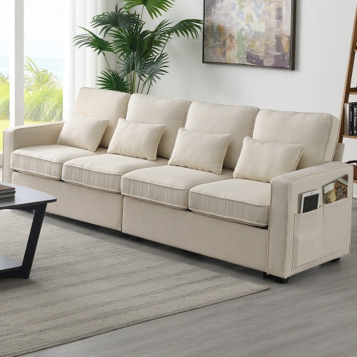 Modern 4-seater linen fabric sofa with armrest pockets and 4 pillows. Stylish and functional couch for U.S. homes, apartments, and offices. Available in 2 colors.