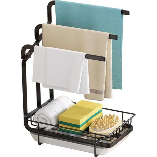 Keep your sink area tidy with this kitchen sponge rack and drain tray. Features metal shelf design for holding sponges, brushes, and soap in one convenient organizer