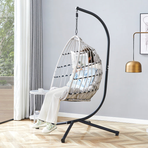 GRHeavy-Duty Iron Hanging Chair With Wicker Weave   Single Person Swing For Indoor  Outdoor Gray