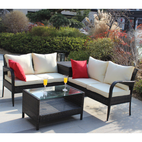 Upgrade your outdoor space with this 4-piece brown wicker rattan patio furniture set. Includes sectional sofa and storage box—perfect for garden, deck, or backyard lounging.