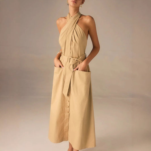 Elegant French-style Lace-up Dress With A Vacation Vibe