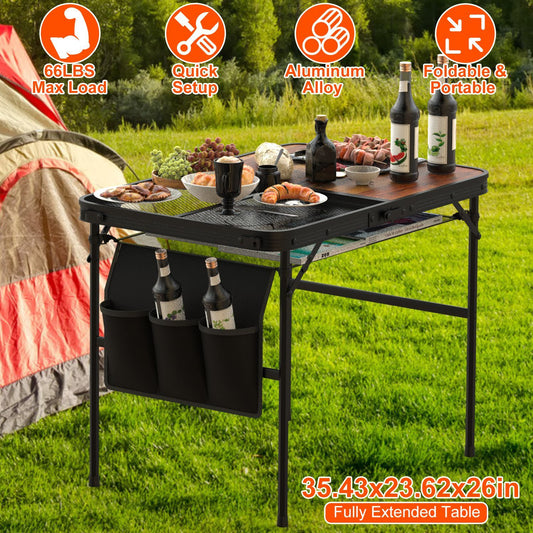Foldable Camping Table Collapsible Picnic Aluminum Alloy Grill Stand 35.43x23.62x26in  66LBS Max Load Height Adjustable BBQ Table With Adjustable Height Storage Net