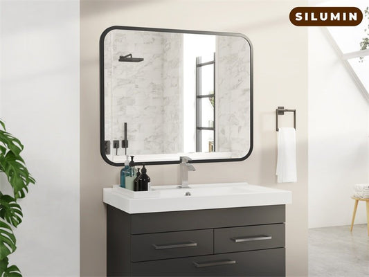 Black Bathroom Wall Mirror For Over Sink  Rectangle Vanity Mirror With Round Corner For Bedroom Seamless Anti-Rust Polymer Coated Shatterproof Glass Horizontally Vertically