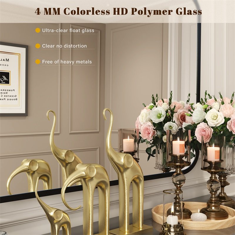 Black Bathroom Wall Mirror For Over Sink  Rectangle Vanity Mirror With Round Corner For Bedroom Seamless Anti-Rust Polymer Coated Shatterproof Glass Horizontally Vertically