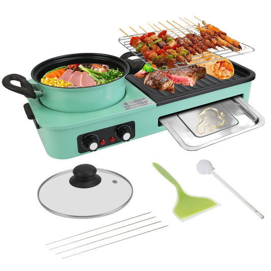 Enjoy Korean BBQ, shabu shabu, and hot pot all in one with this 3-in-1 electric grill. Features 1600W power, non-stick surface, and dual temperature control—perfect for 3–5 people.
