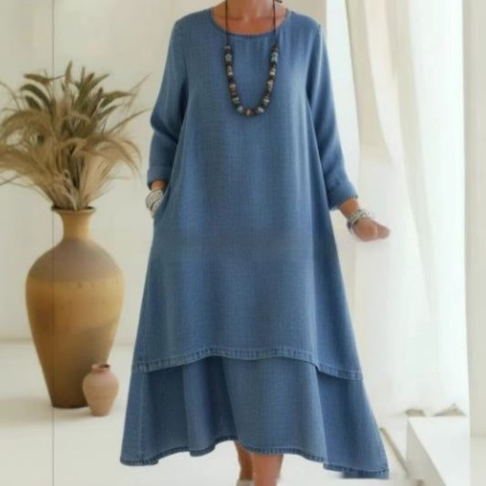 Elegant Double-layered Hemline Faux Denim Maxi Skirt