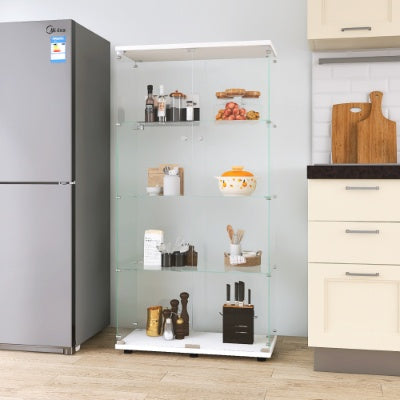 Wo-door Glass Display Cabinet 4 Shelves With Door, Floor Standing Curio Bookshelf For Living Room Bedroom Office, 64.7x31.7x14.3, White
