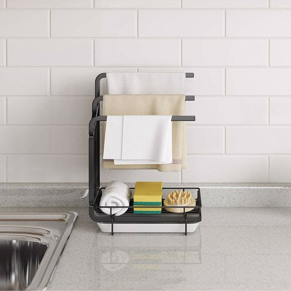 Keep your sink area tidy with this kitchen sponge rack and drain tray. Features metal shelf design for holding sponges, brushes, and soap in one convenient organizer