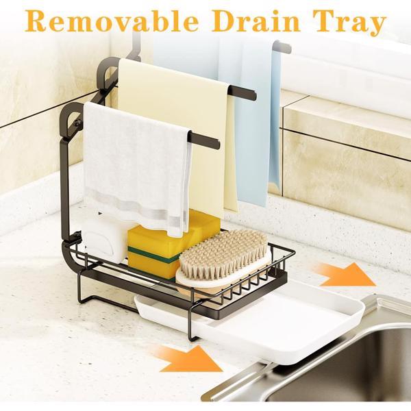 Keep your sink area tidy with this kitchen sponge rack and drain tray. Features metal shelf design for holding sponges, brushes, and soap in one convenient organizer