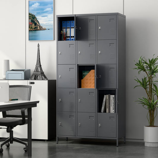 Durable 15-door metal lockers in dark gray—ideal for offices, schools, gyms, or home use. Secure, ventilated storage with modern design. Assembly required